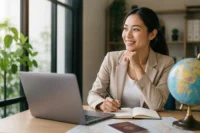Filipino professional preparing for overseas career opportunities using a laptop, passport, and travel resources before applying for international employment.