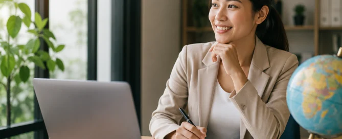 Filipino professional preparing for overseas career opportunities using a laptop, passport, and travel resources before applying for international employment.