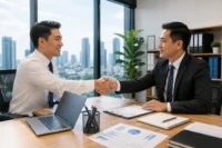 Professional business meeting between international employers and a Philippine recruitment agency discussing overseas manpower recruitment and global hiring solutions.