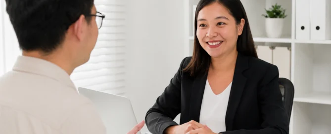 Professional recruitment consultant discussing overseas employment opportunities with a Filipino job applicant at Venture Management Systems International.
