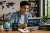 Filipino professional searching for legitimate work abroad jobs using a laptop while preparing documents for overseas employment opportunities.