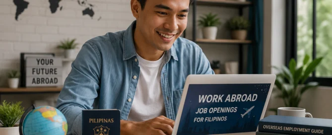Filipino professional searching for legitimate work abroad jobs using a laptop while preparing documents for overseas employment opportunities.